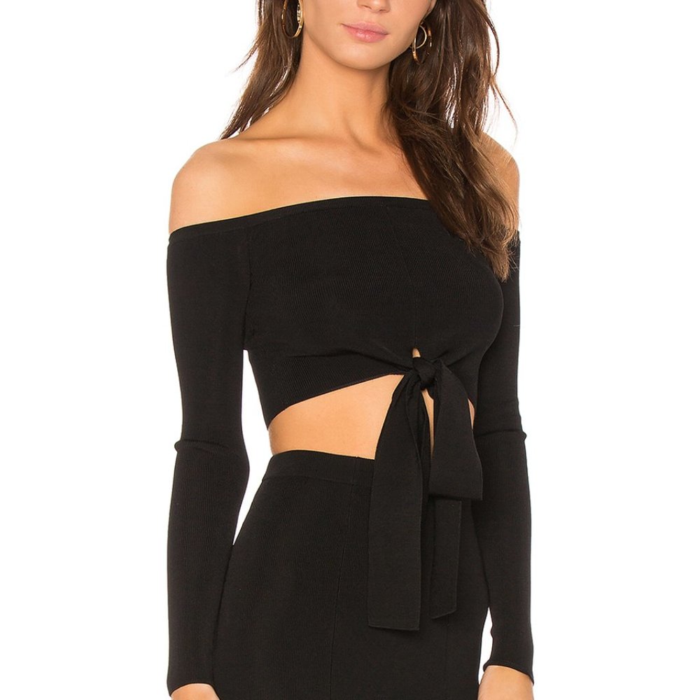 Off-Shoulder Black Tie-Front Crop Top - Picture 2 of 4